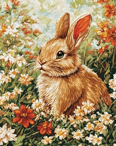 AxiangziK 16x20 Inch Cross Stitch Kit,Rabbits and Flowers 40x50cm Pre Printed Embroidery Kit for Adults,DIY Needlepoint Wall Art Home Decor
