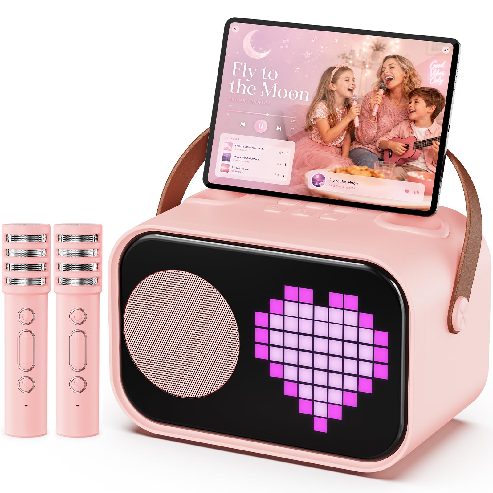 JYX Karaoke Speaker with 2 Wireless Microphones, Pixel Fun Bluetooth 5.3 Portable Speaker, Pink