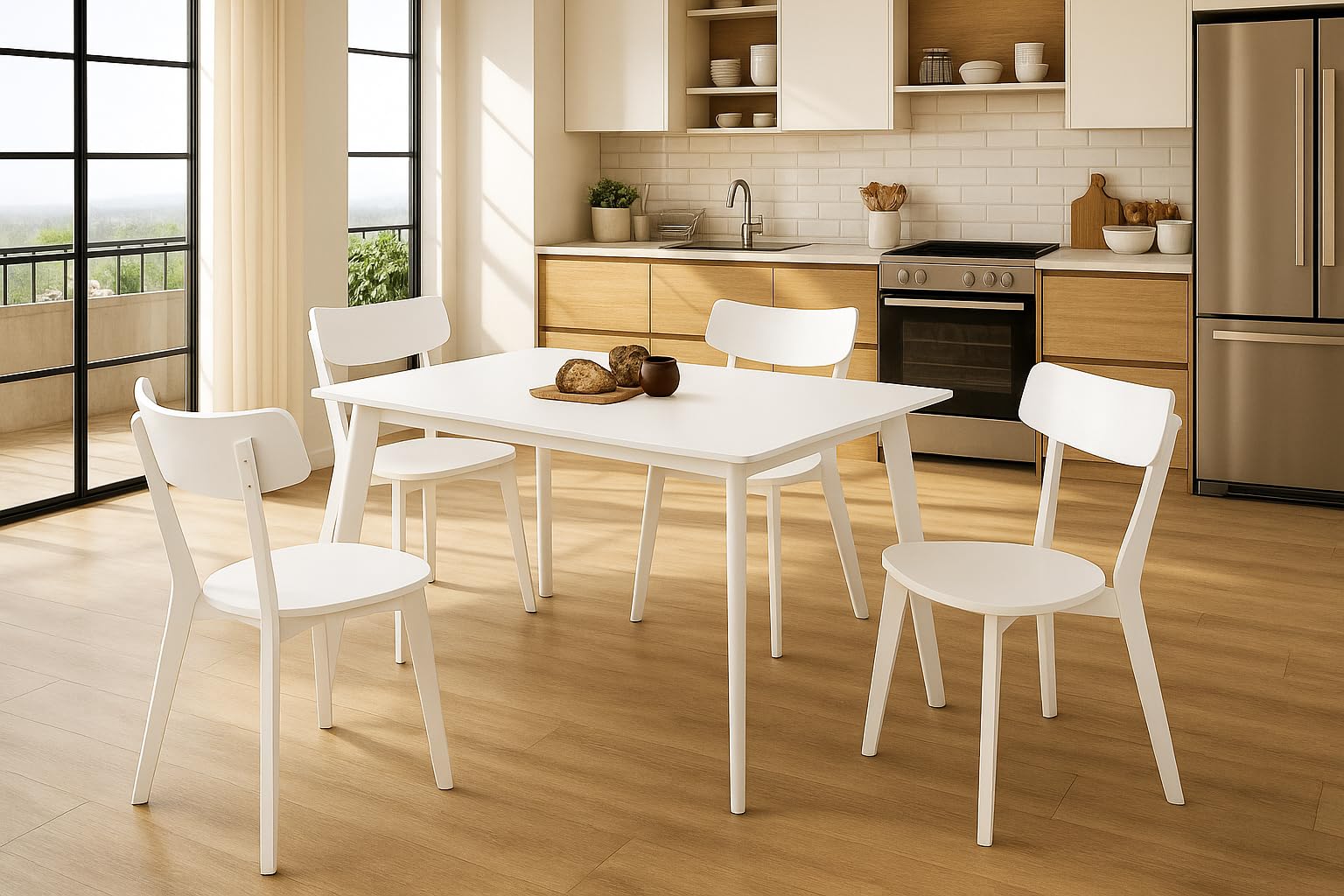 Homely® | Conjunto de Comedor Cody con Mesa Rectangular 120x70 cm. y 4 Sillas, | Madera lacada Blanco | Estilo Nórdico-Escandinavo | Madera Maciza y MDF | Pack de Mesa y sillas Informal y económico