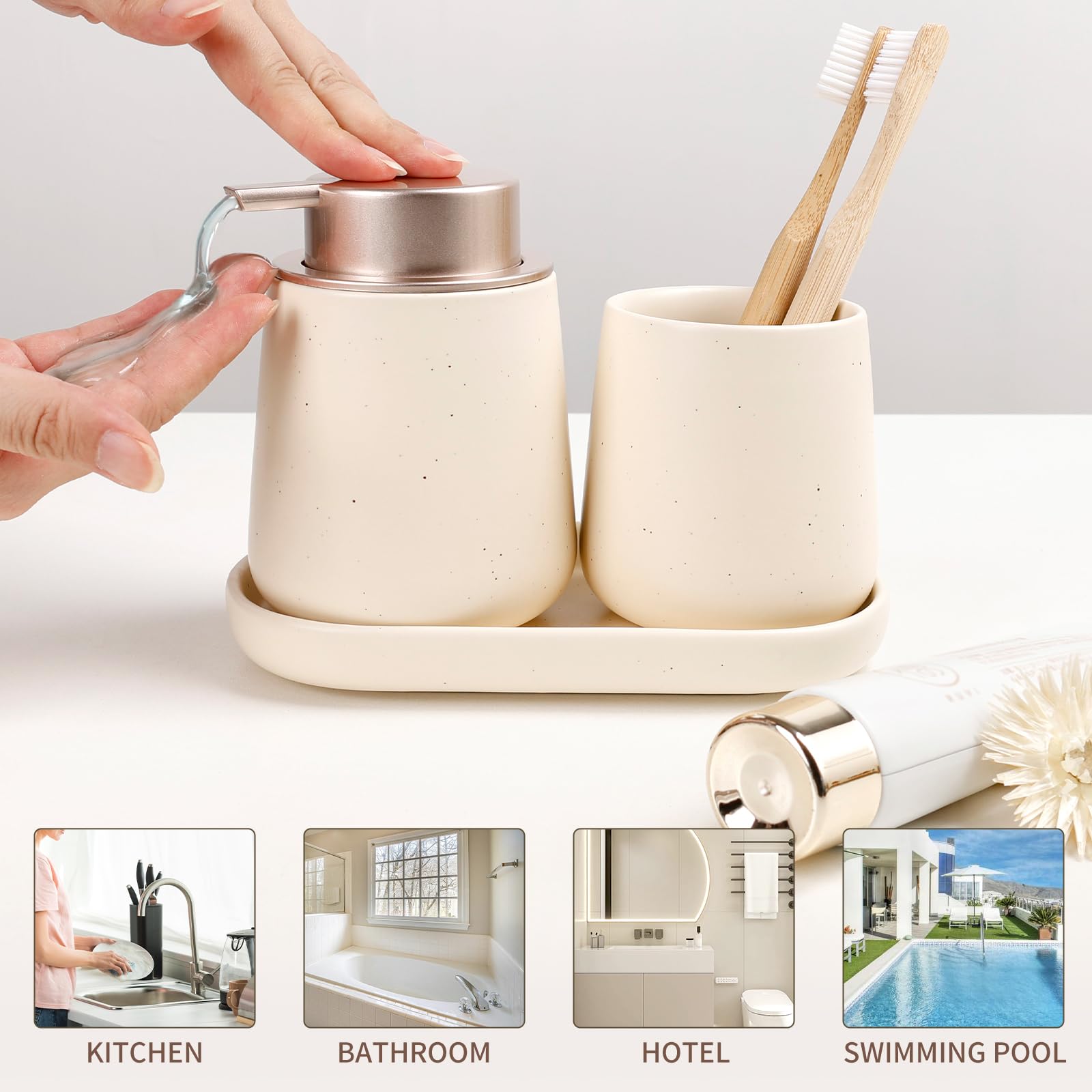 BosilunLife Set di accessori per il bagno, set di 3 dispenser di sapone da bagno in ceramica, set di accessori decorativi, dispenser di sapone e portaspazzolino (liquido beige tascabile)