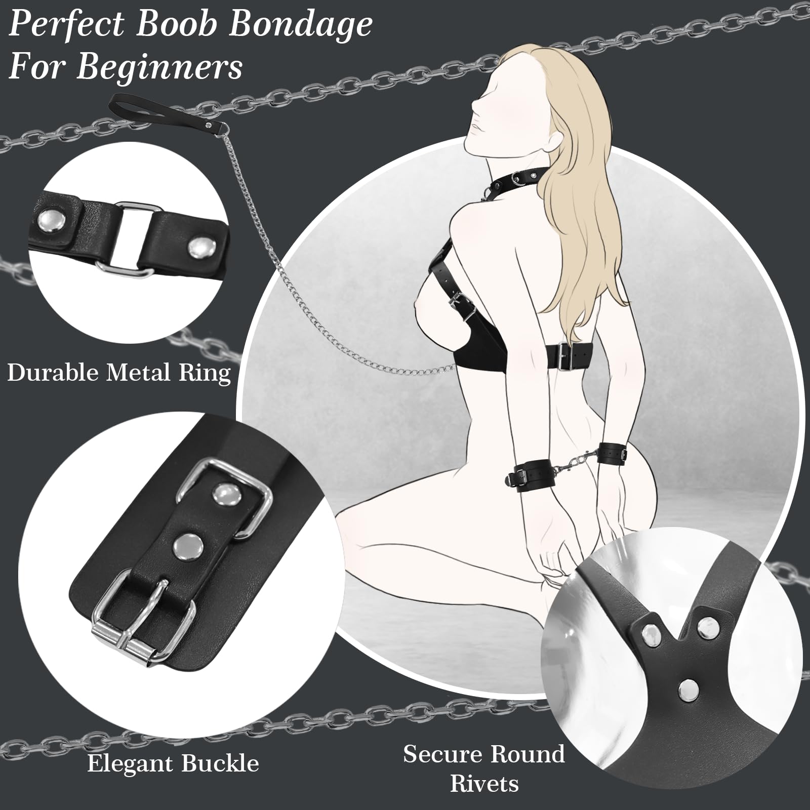 BDSM Bondage Sex Breast Restraints Set B to E Cup Boobs Sex Things for Couples Kinky Adult Sex Toys with Dual-Layer PU Leather Harness Collars with Traction Chain Handcuffs Accessories S&M Floggers