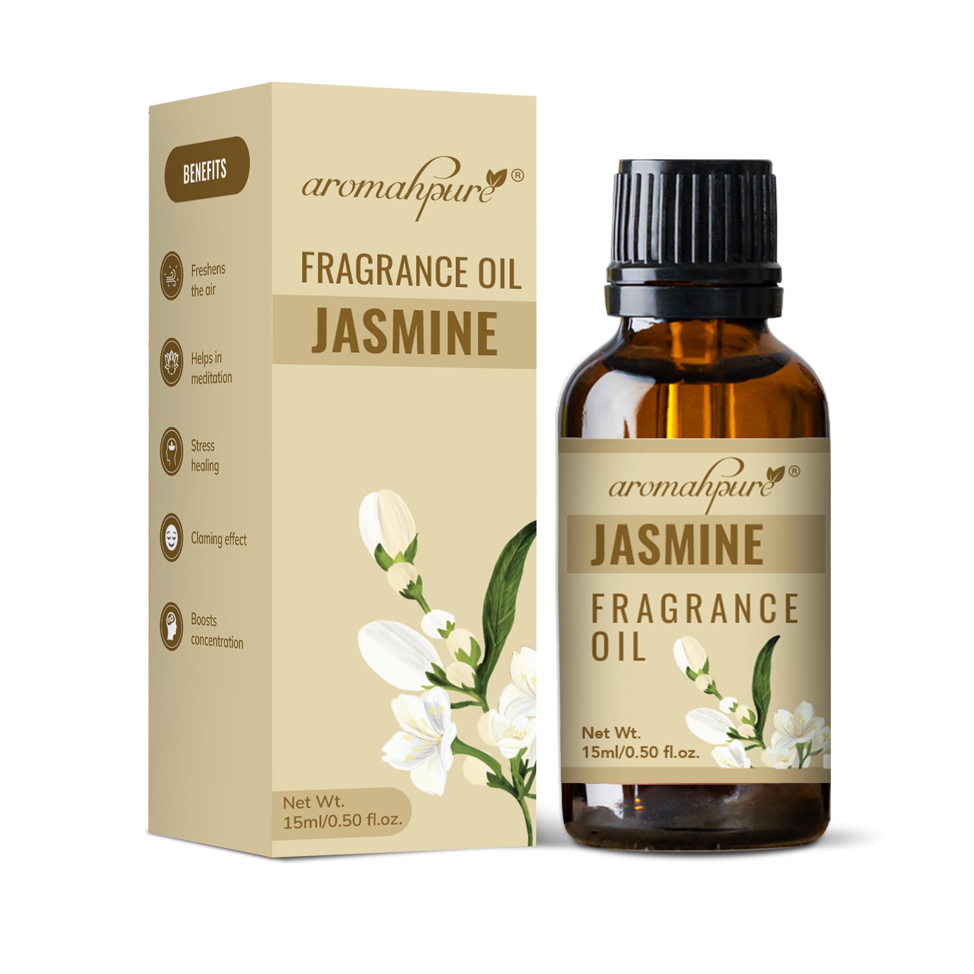 Aromahpure Fragrance Oil | 15 ml | Jasmine Aroma Oil for Home Fragrance | Best for Aromatherapy | Helps in concentration & meditation | Used in Diffusers, Candles, Air Fresheners, Soaps.