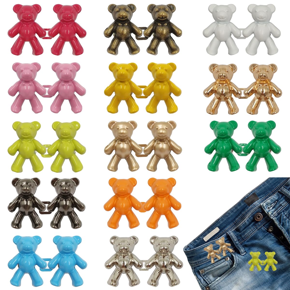 maxin 13 Pairs Cute Bear Jeans Button Pins, No Sew No Tools Detachable Waist Body Fit Tighten Buckles,Adjustable Women Skirt Loose Pant Jeans