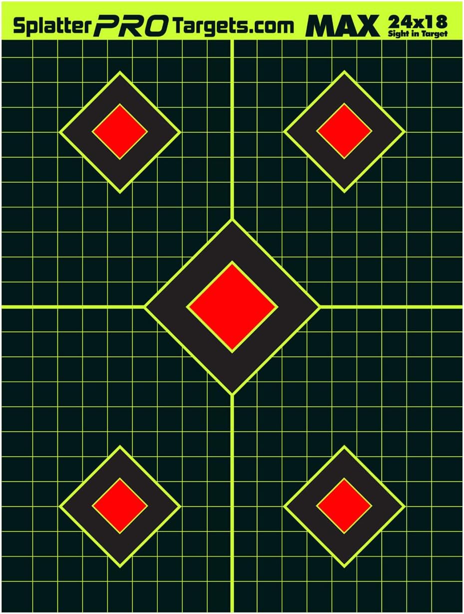18x24 Extra Large Splatter Targets. Two Color Splatter to Easily See Your Shots! Bright Fluorescent Yellow and White Splatter. Fully Reactive Targets. See Your Hits and Your Misses!