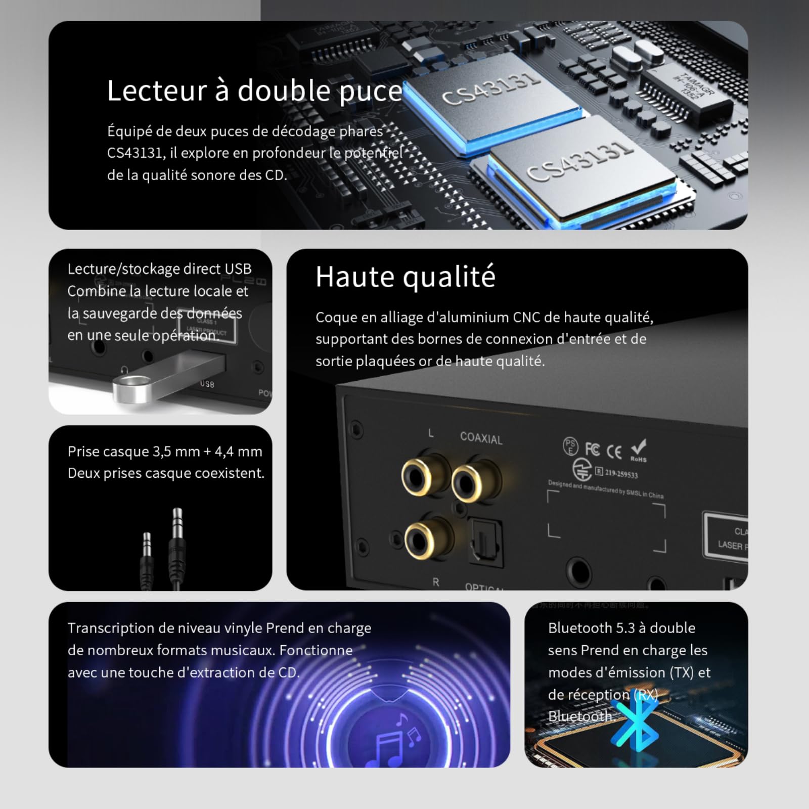 SMSL PL20 Lecteur CD HiFi pour la Maison, Lecteur CD Bluetooth, 2 puces CS43131, clé USB/entrée Bluetooth RCA/BT/3,5 mm/4,4 mm équilibrée/Optique/coaxiale, Argent