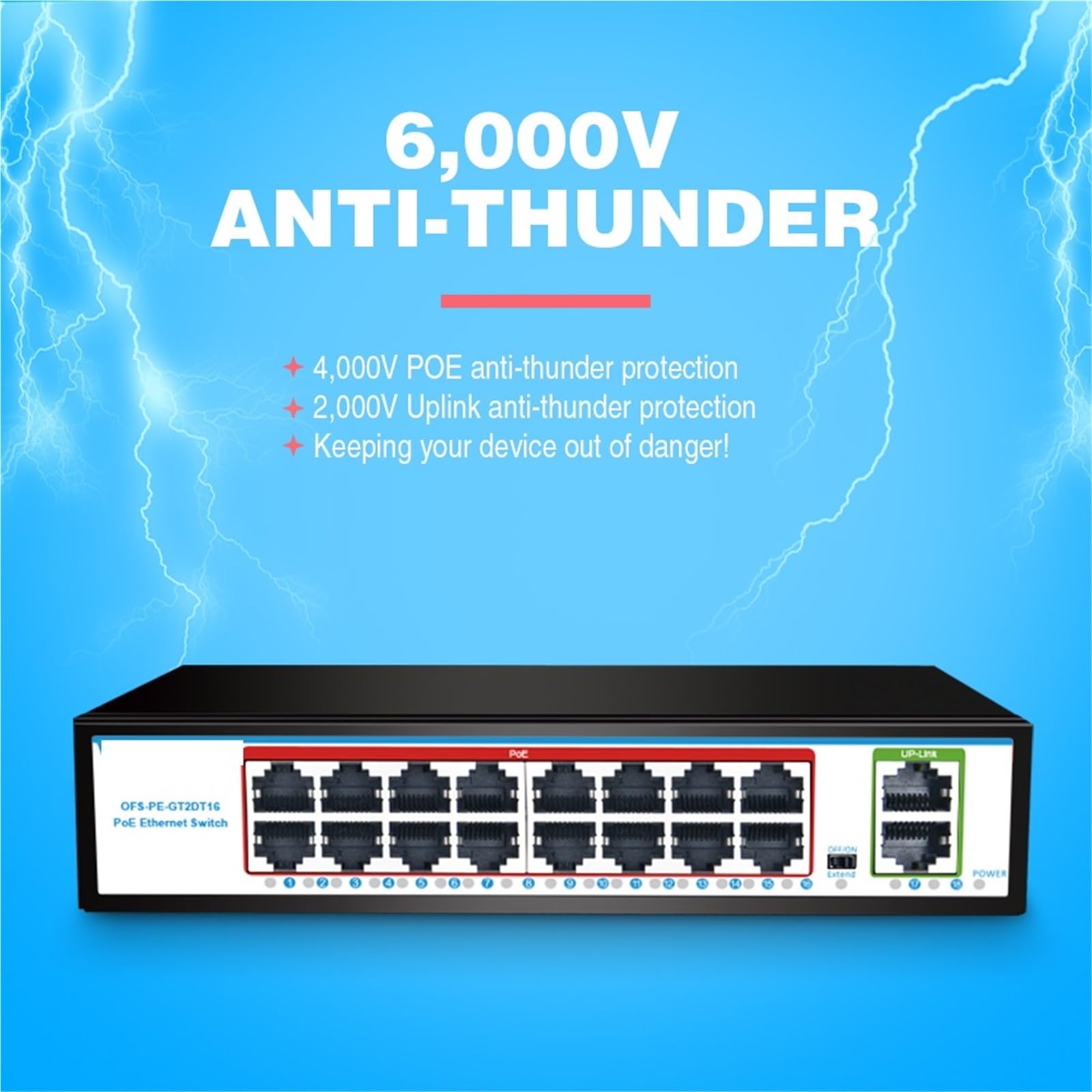 GIGABIT Commutateur PoE 16 ports PoE 48 V 15 W 30 W 802.3af 802.3at Ethernet répartiteur actif Ethernet pour caméra de vidéosurveillance Prise américaine 1000 m