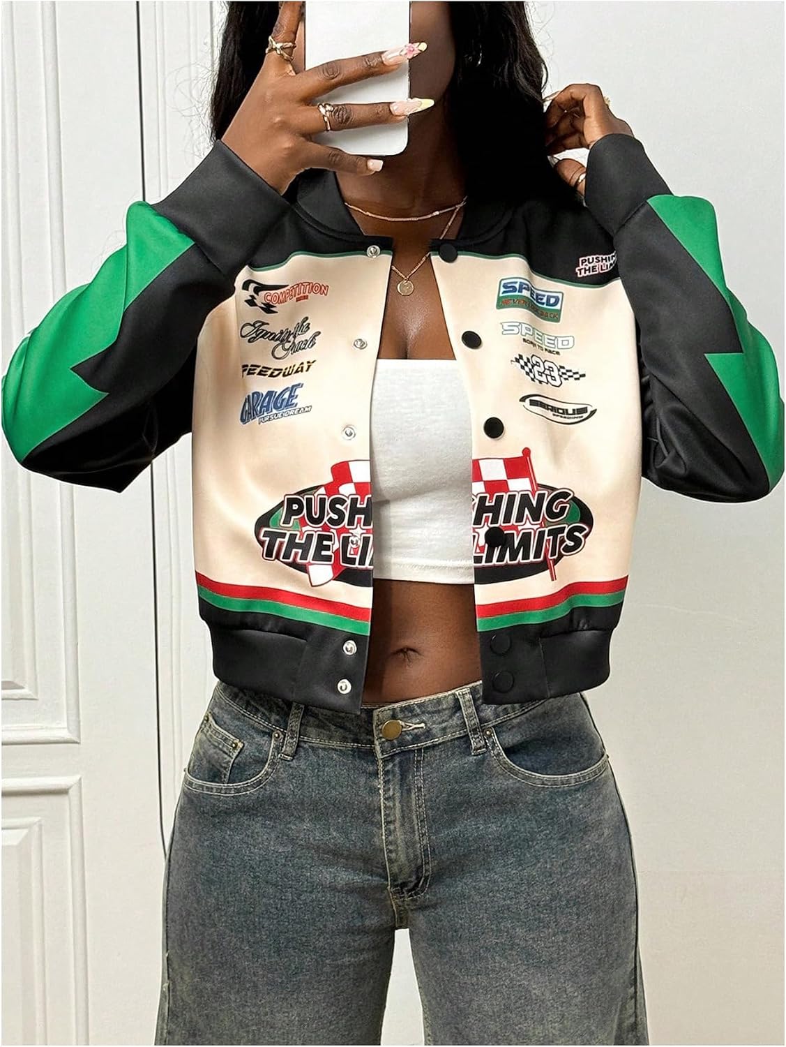 MakeMeChic Women's Long Sleeve Cropped Bomber Jacket Button Down Racer Baseball Y2K Coats