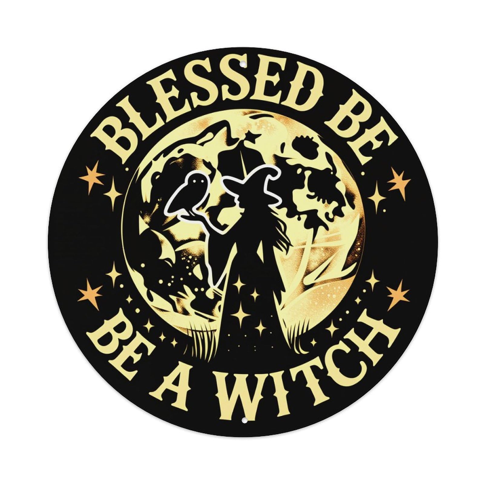 Blessed Be A Witch Moon Witch Silhouette Stars Round Tin Sign Vintage Style Metal Sign Home Bar Garden Wall Plaque Decor Metal Poster 8x8 Inch