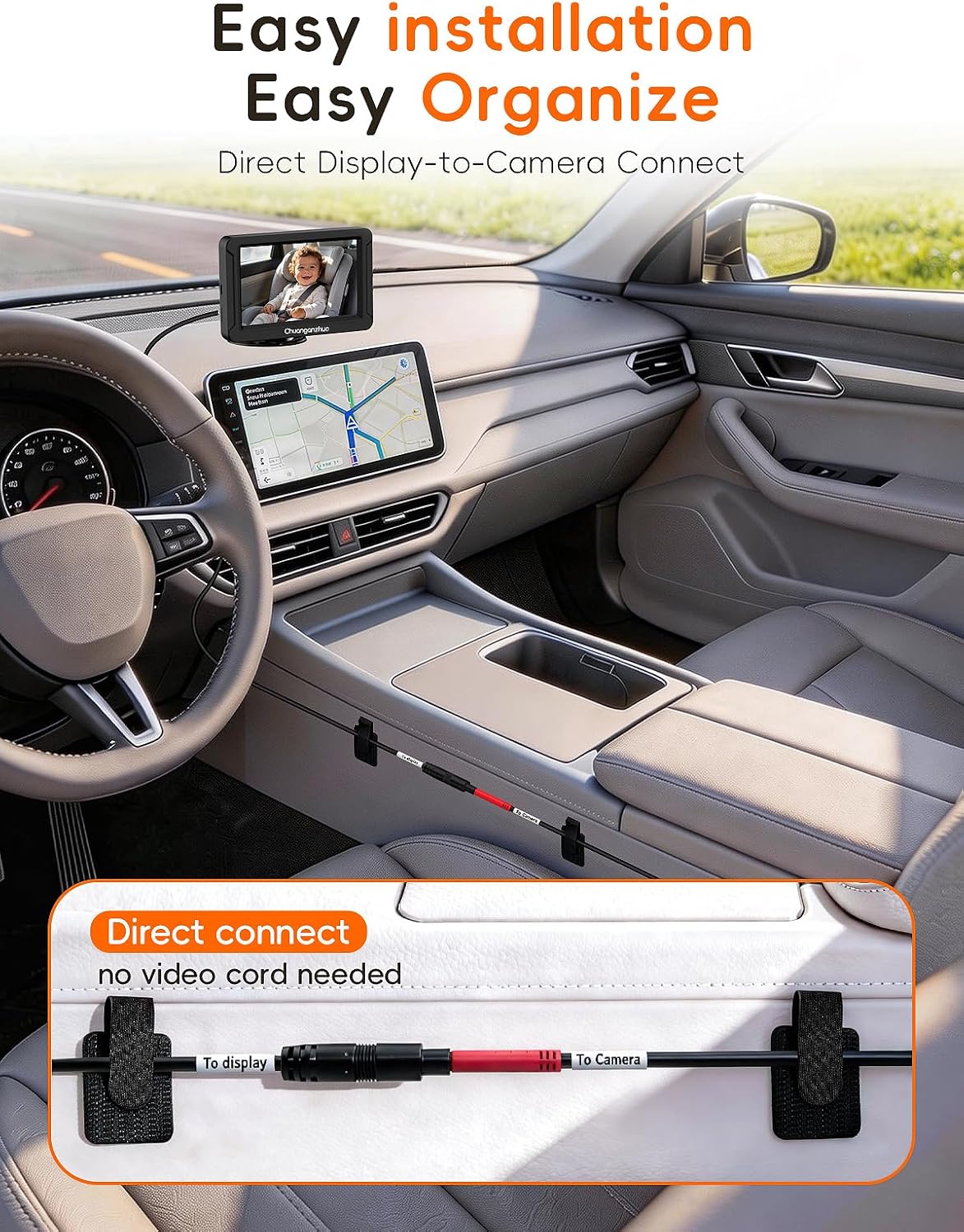 S100C Baby Car Camera With Crystal Clear Night Vision in Total Dark, USB Powered, Adjust Brightness & 1080P 5" IPS Monitor, 3X Zoom & 360° Rotating Car Seat Camera for Rear or Forward-Facing Infant