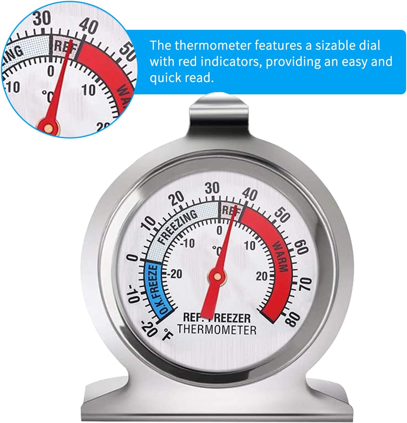 Stainless Steel Fridge Thermometer 4 Pack - Large Dial Freezer Thermometers with Red Indicator for Home, Kitchen, Restaurants