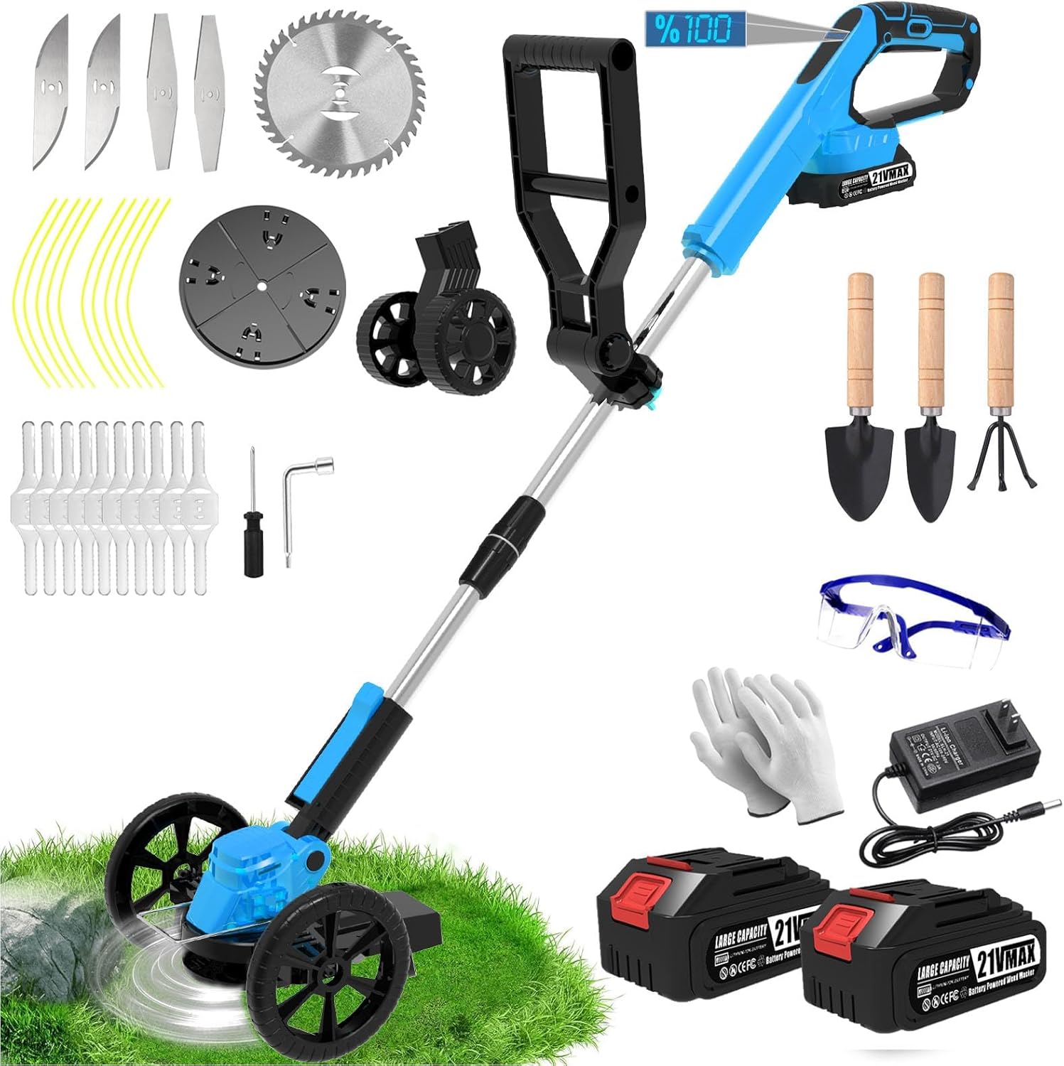 Electric Weed Wacker Eater Battery Powered,Cordless Weed Trimmer with 2 21V/2.0Ah Battery Operated & Charger & 90Min Runtime, 5 Blades for Thick Weeds/Edging/Mowing for Garden Yard -Blue