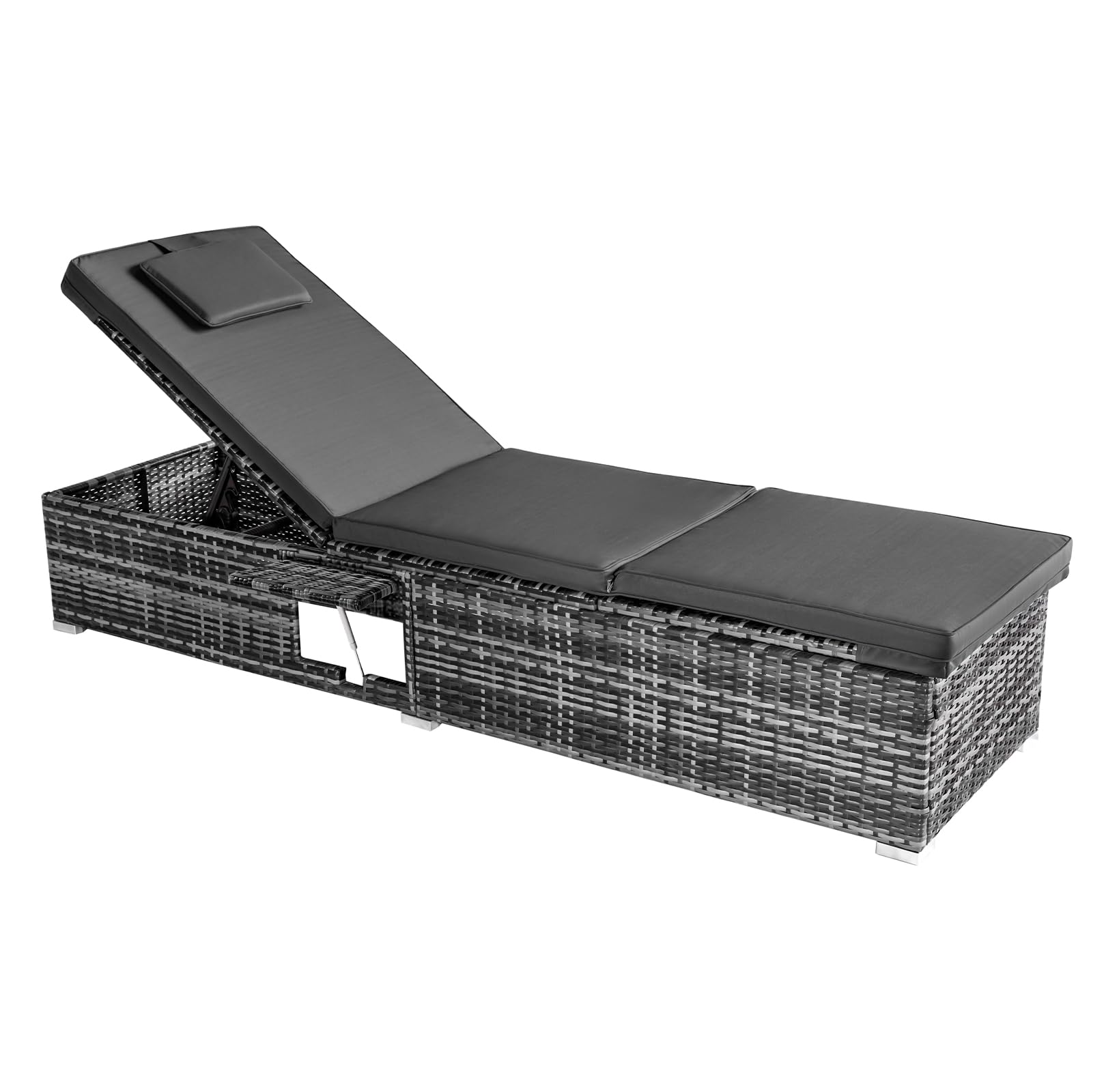 Panana Rattan Sun Lounger, Outdoor Chaise Lounge Recliner with Cushions, Head Pillows and Folding Table, PE Wicker Patio Reclining Sunbathing Chair with Adjustable Backrest Footrest for Patio Poolside
