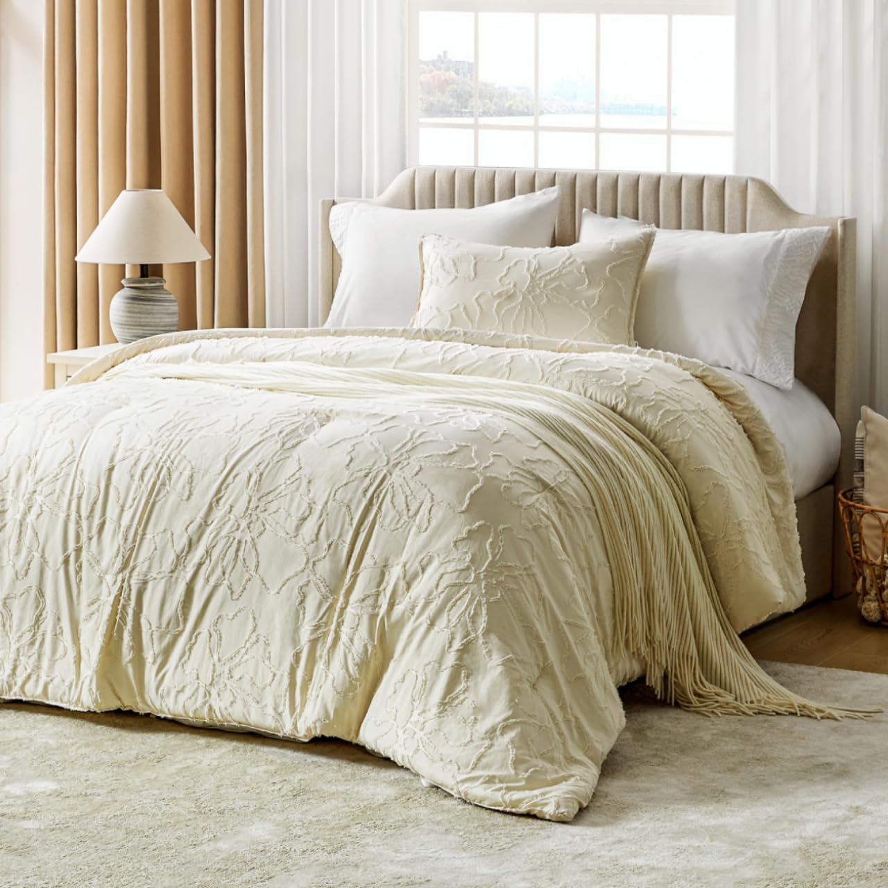 TINA'S HOME Twin Comforter Set - Tufted Boho Bedding Comforter Sets, 2 Pieces Bedding Set All Season,1 Shabby Chic Fluffy Comforter & 1 Pillow Shams,Beige Fluffy Bed Comforters Sets
