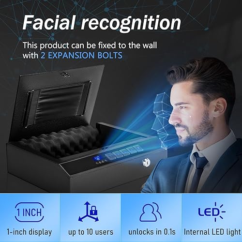 Miniatura 4 de Facial Recognition Gun Safe for Pistols,Face VerificationPIN CodeKey Gun Safe box for Handgun Suitable for home, nightstand,Car, Wall