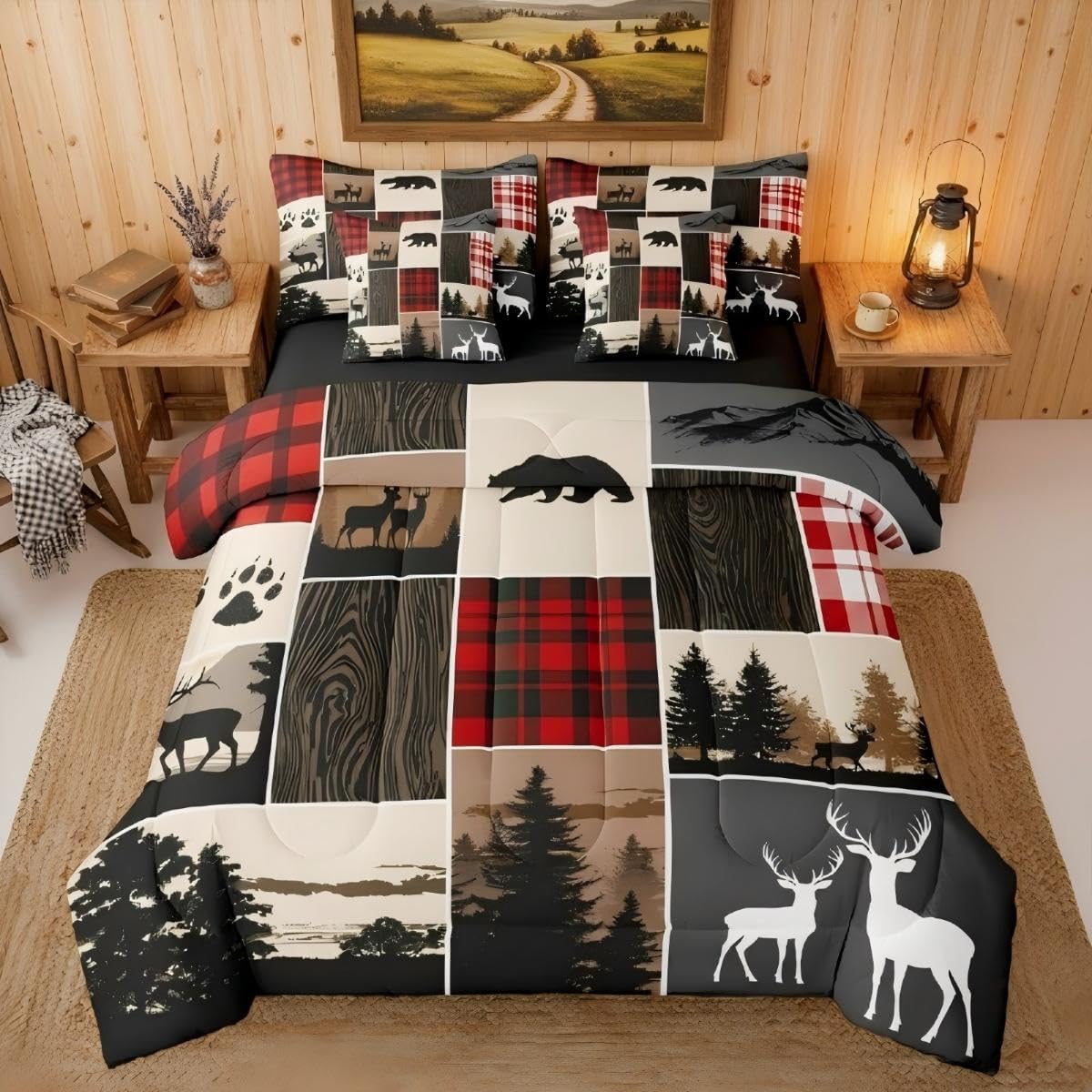 Bear Deer Comforter For Bedroom, Rustic Cabin Lodge Bed In A Bag Queen 7 Pieces Bedding - 1 Woodland Animal Comforter, 1 Farmhouse Fitted Sheet, 1 Flat Sheet, 2 Pillow Cases, 2 Throw Pillow Covers