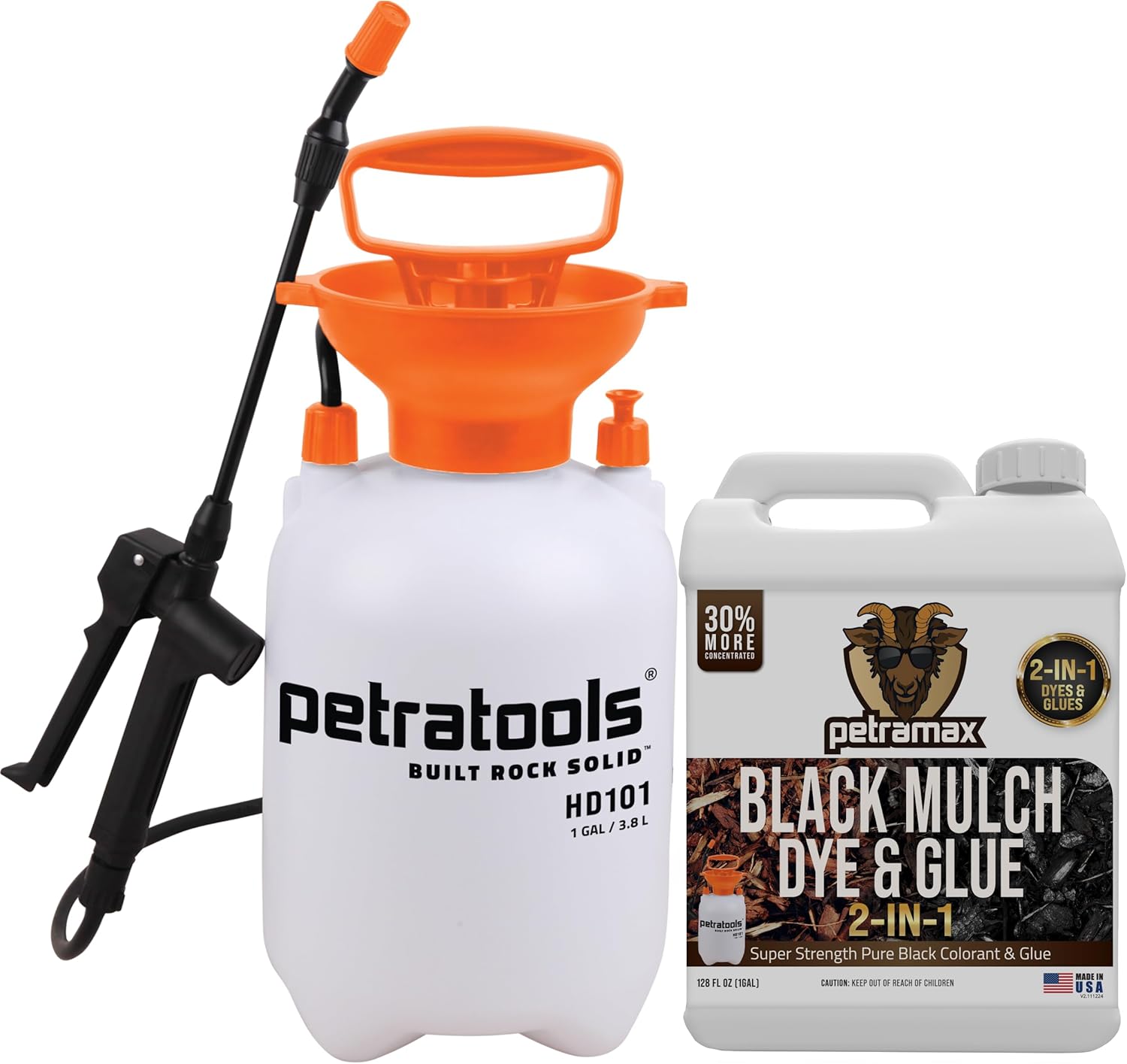 PetraTools Black Mulch Dye 2-in-1 & 1 Gal Pump Sprayer Bundle – Mulch Colorant & Glue Combo with Heavy-Duty Hand Sprayer – Restore & Lock in Mulch Color