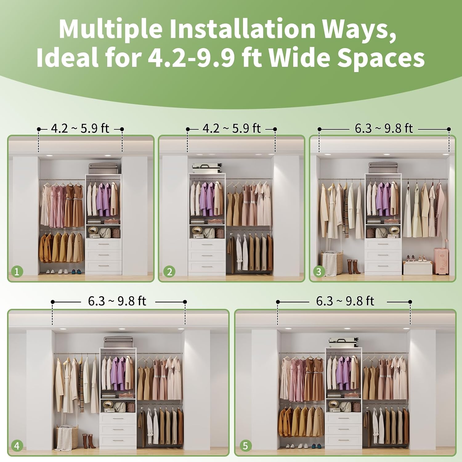 Closet System with 3 Drawers, 4–8.5 Ft Closet Organizer System with 5 Adjustable Hanging Rods & Shelves, Wood Walk-In Closet System, Built-In Modular Closet Kit, Sturdy Garment Rack, White