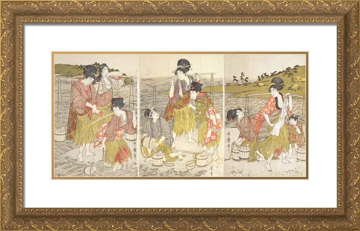 ArtDirect Utamaro, Kitagawa 24x16 Gold Ornate Framed Art Print with Double Matting Titled: Brine Carriers