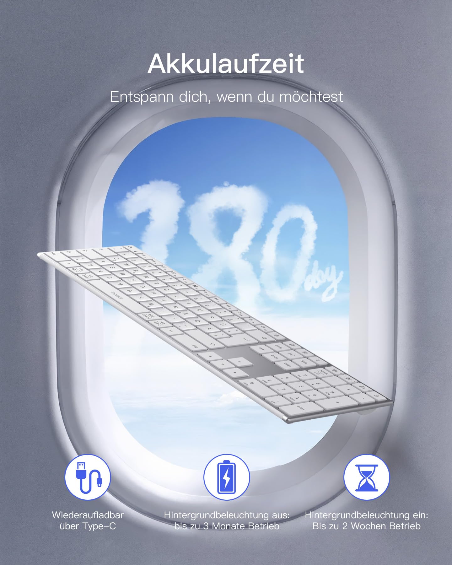 Inateck Kabellose Tastatur,KI-Funktion Bluetooth Tastatur mit 3 Bluetooth Kanälen,Deutsches QWERTZ Layout,Leise Tasten, Kompatibel mit iPadOS Android, Windows,KB06007