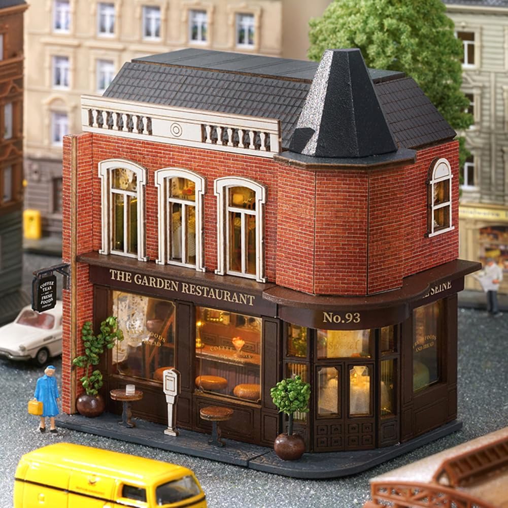 DIY Miniature Wooden Dollhouse Furniture Kit,Mini Handmade Doll House with LED,1:24 Scale Creative Woodcrafts Toys for Adult Friend Lover Birthday Gift (Corner Western Restaurant)