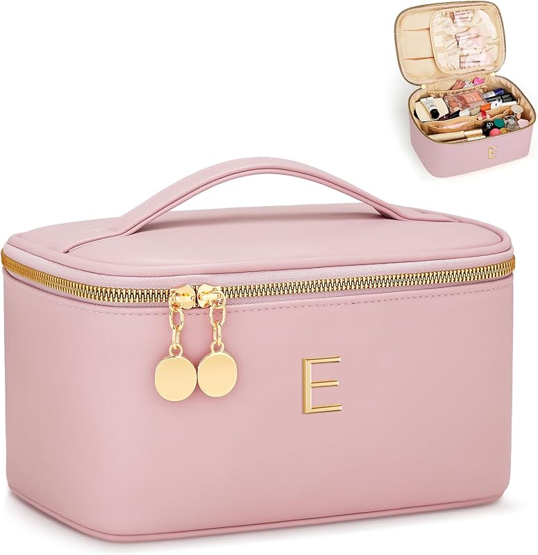 Necessaire de maquiagem CLOUDWINGS com inicial E, divisória e compartimento para pincéis