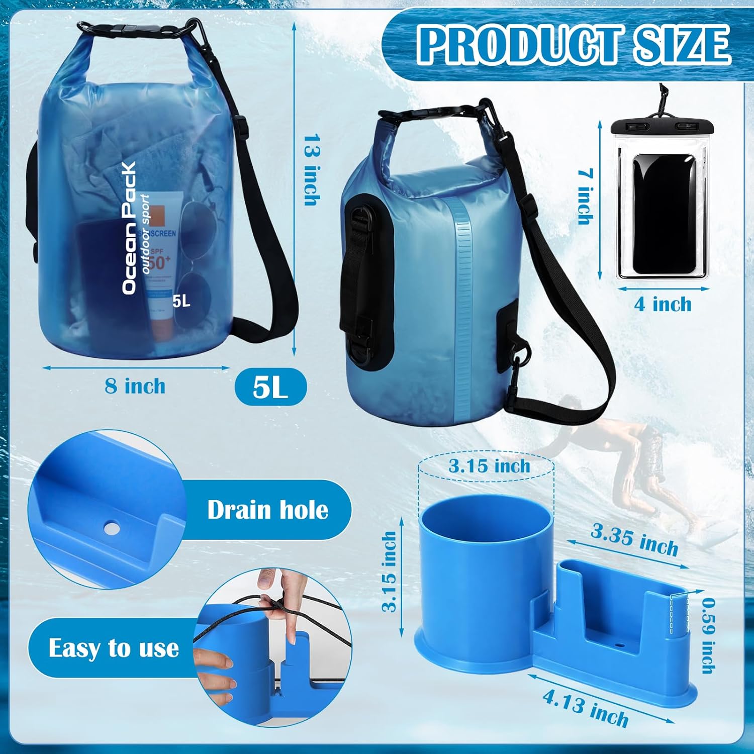 Thinkday 3 Pcs Paddle Board Accessories Include 5L Waterproof Dry Bag for Women Men 2-in-1 Paddleboard Cup Holder Waterproof Phone Case Roll Top Lightweight Storage Bag for SUP Kayak Boat (Blue)