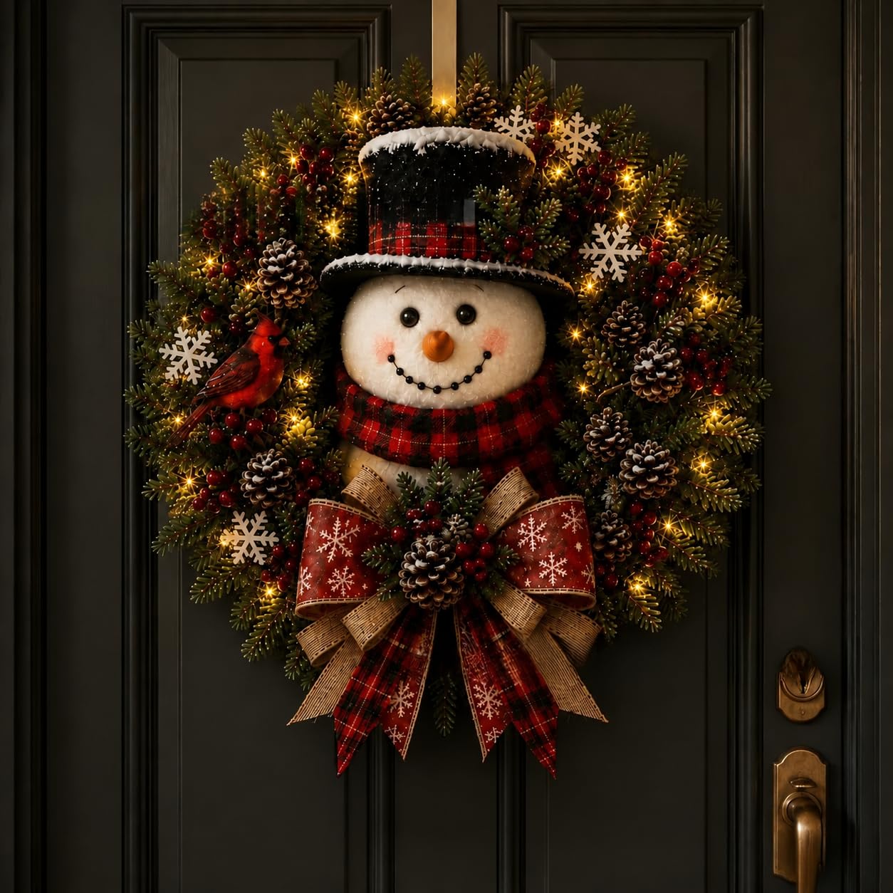 Christmas Snowman Wreath with LED Lights for Front Door Holiday Decoration