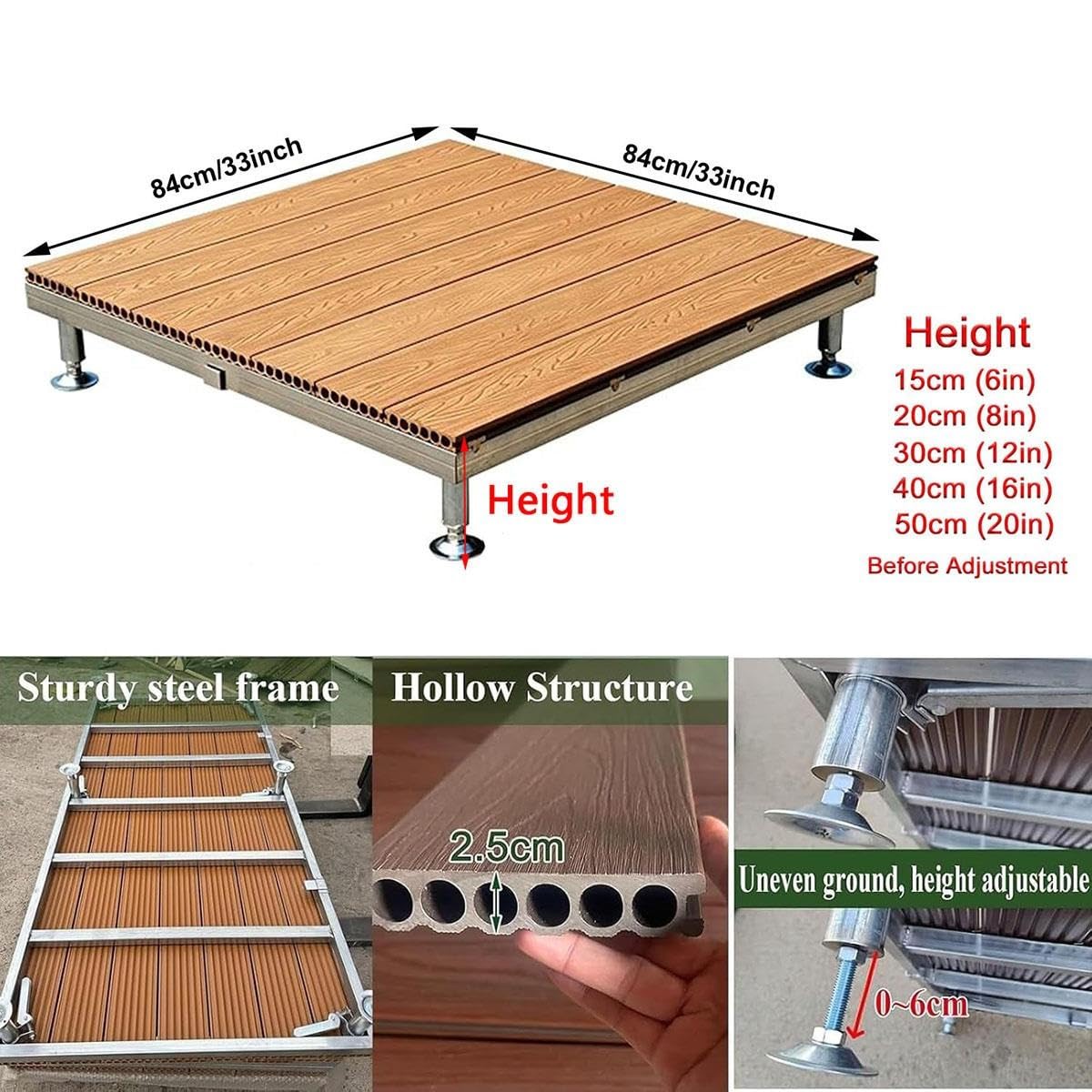 Plateforme Surélevée Réglable, Dalles de Terrasse Modulaire en Composite