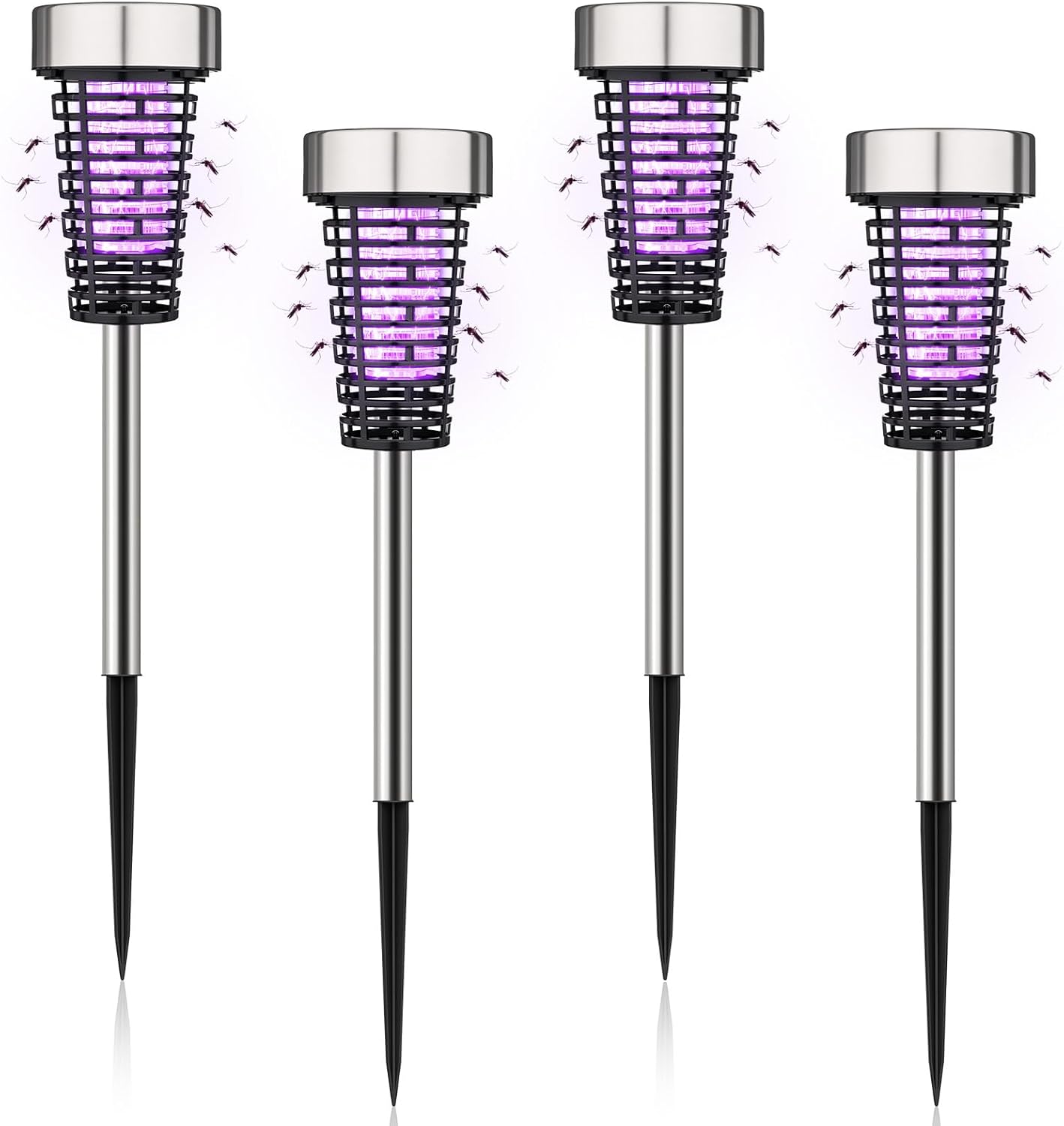 4 Pcs Solar Bug Zapper Outdoor Mosquito Killer Lamp with LED Lights Waterproof Grid Cylinder Mosquito Repellent Killer Zapper with High Voltage Electric for Garden Patio Yard (Classic,Silver)