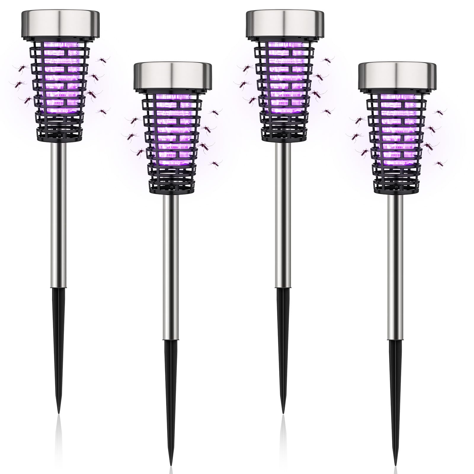 4 Stück Solar Insektenvernichter Outdoor Mückenvernichter Lampe Wasserdicht Gitter Mückenschutz Killer Zapper mit Hochspannung Elektrisch für Garten Terrasse Hof (Lila Licht, Silber)