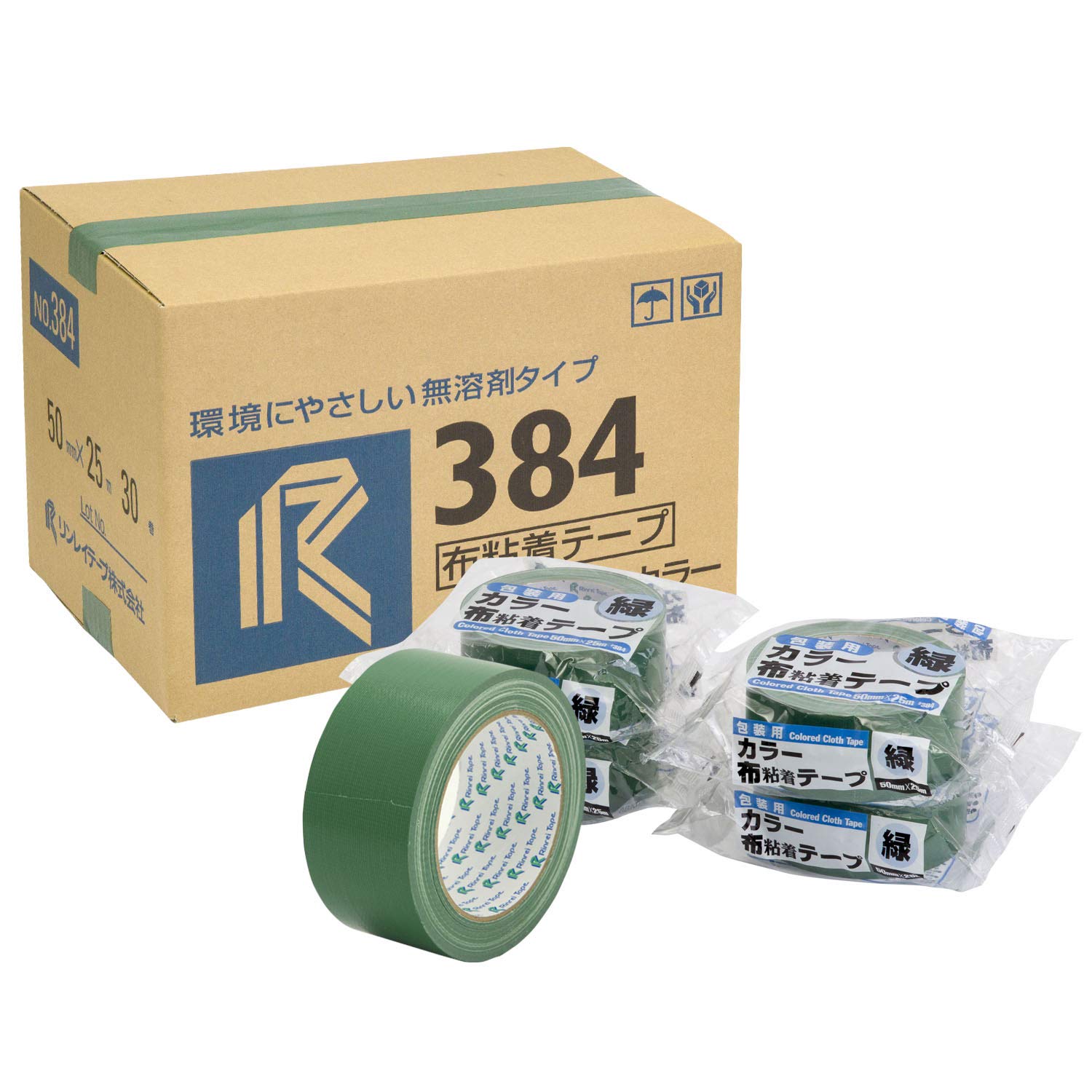 Rinrei Tape Cloth Tape, Green, 30 Rolls, 1.8 x 8.8 ft (50 x 25 m) Rolls, #384-50 mm Midori _30