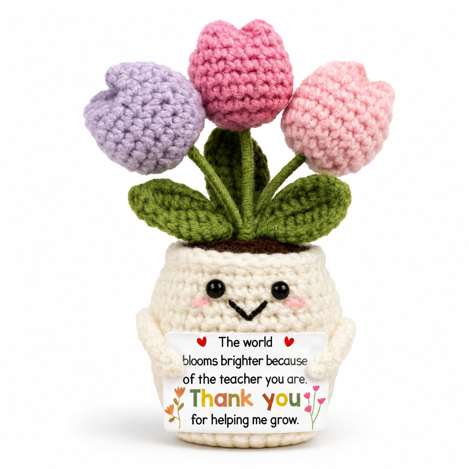 Kitcariole Women's Color 1 Crochet Tulip Pot Decoration For Teacher Appreciation, Thank You Gift For Inspirational Desk Decor With Message Card