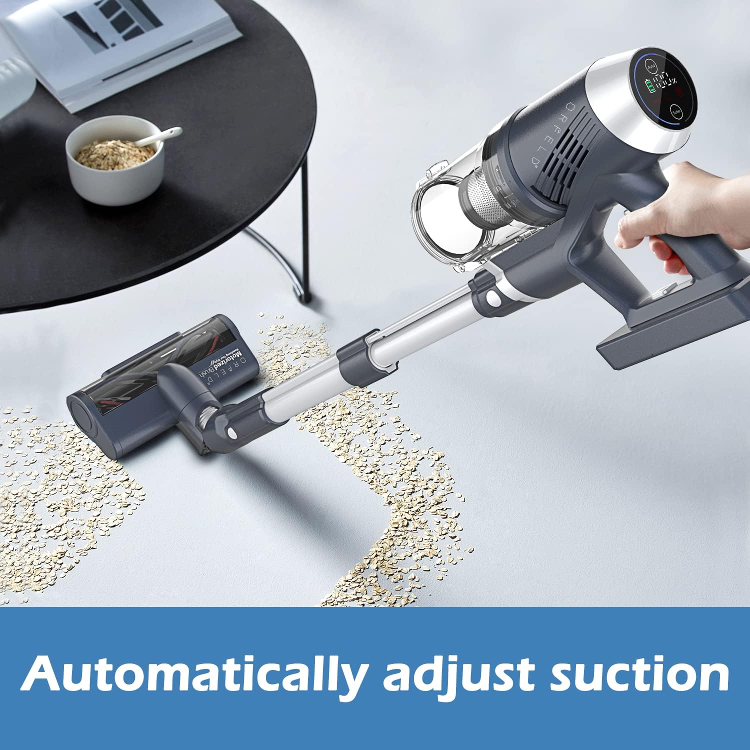 ORFELD 696p Cordless Vacuum Cleaner, 25000 Pa Stick Vacuum 4 in 1, Up to 60 Minutes Runtime with Smart LCD Display, Extended Tube and 2 in 1 Nozzle Suitable for Ceiling, Hard Floor, Soft Blanket -