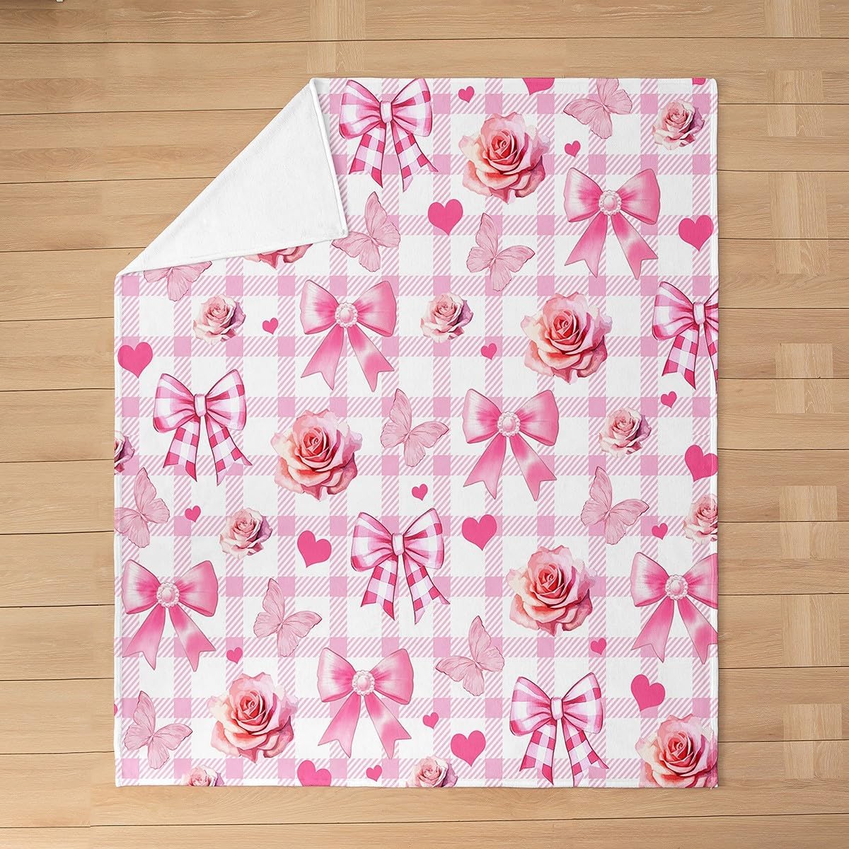 Princess Bow Fleece Blanket,Pink Bowknots Romantic Butterfly Roses Flowers Bed Blanket for Kids Teens,Geometric Plaids Patchwork Flannel Blanket for Room Decor,Queen 90"x90"