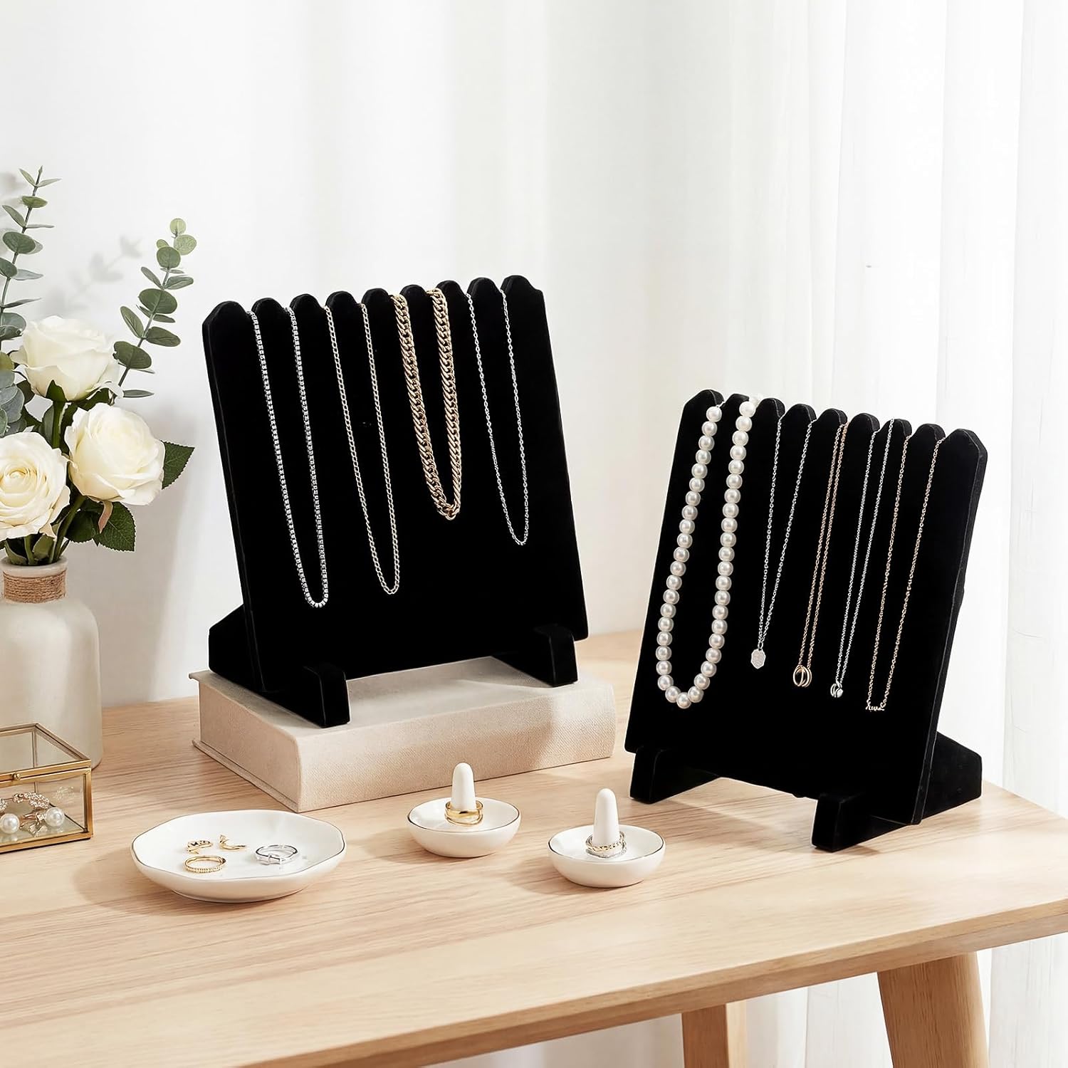 Tondiamo 2 Pcs 9 Inch Velvet Necklace Jewelry Display Stands Organizer Necklace Storage Holder for Home Shop Show (Black)