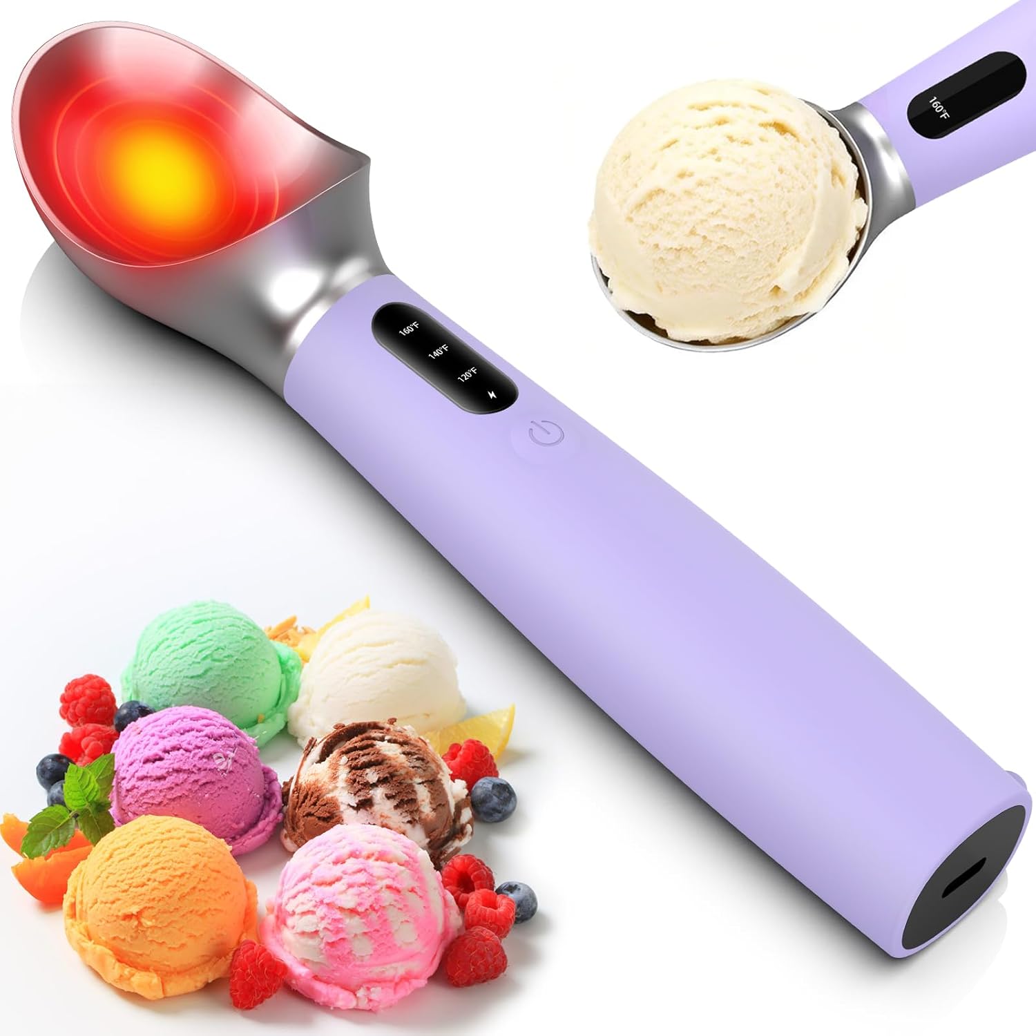 Heated Ice Cream Scoop Rechargeable, Electric Ice Cream Scooper with 3-Temp Settings, LED Display & IPX7 Waterproof, Ergonomic Silicone Handle, House Warming Gifts for Women Men Friend (Purple)
