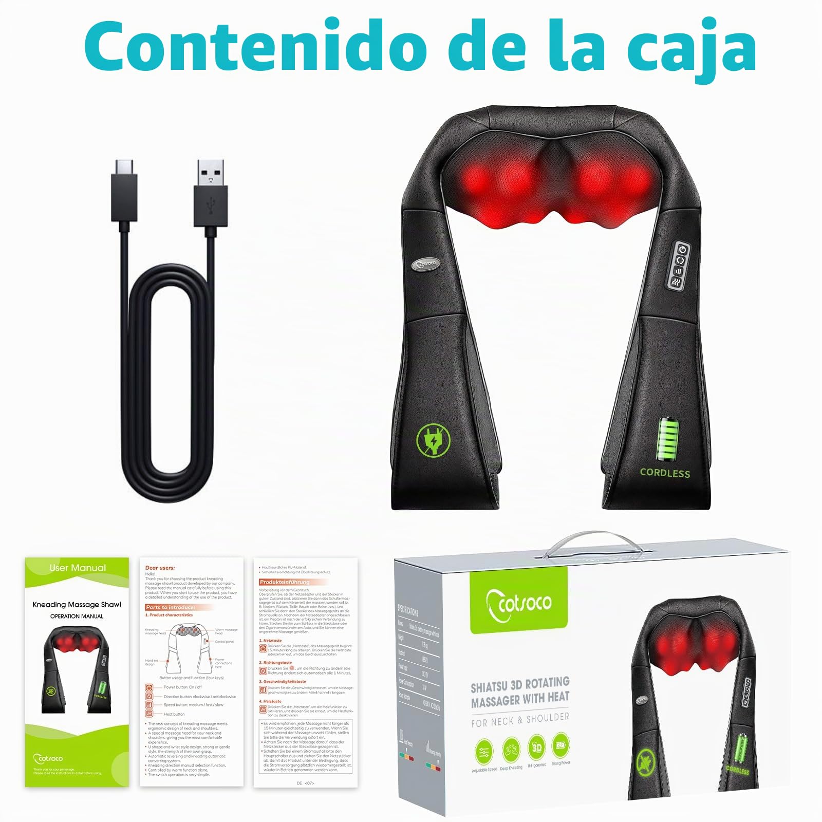 Cotsoco Masajeador Cervical y Espalda con Calor Relajante,Masajeador de Cuello y Hombros Inalambrico,Shiatsu Eléctrico 3D con 16 Nodos, para Casa Oficina y Coche,Negro