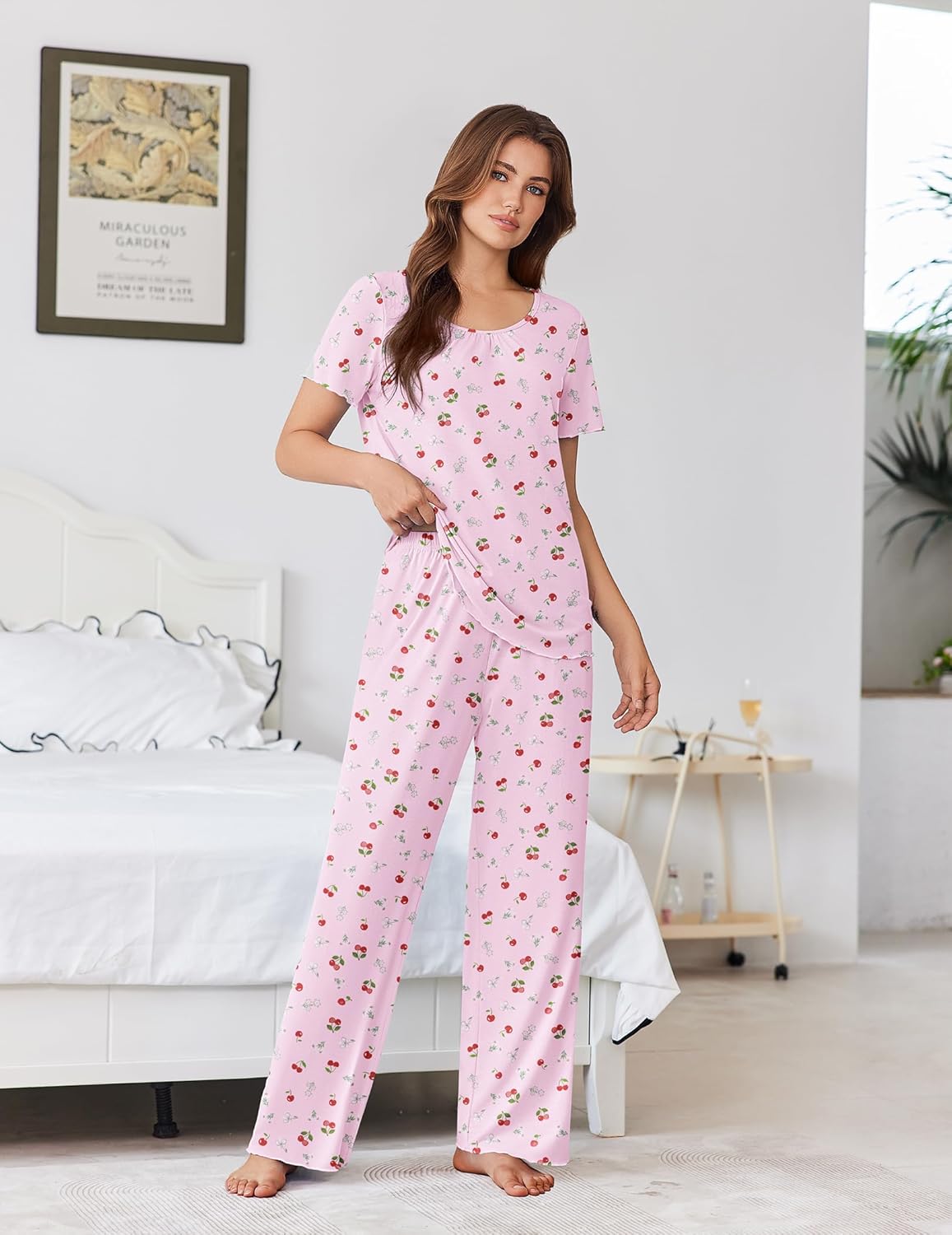 Ekouaer Womens Pajama Sets Viscose from bamboo Lounge Set Soft Pajamas for Women Set Short Sleeve and Long Pants Sleepwear - Image 2
