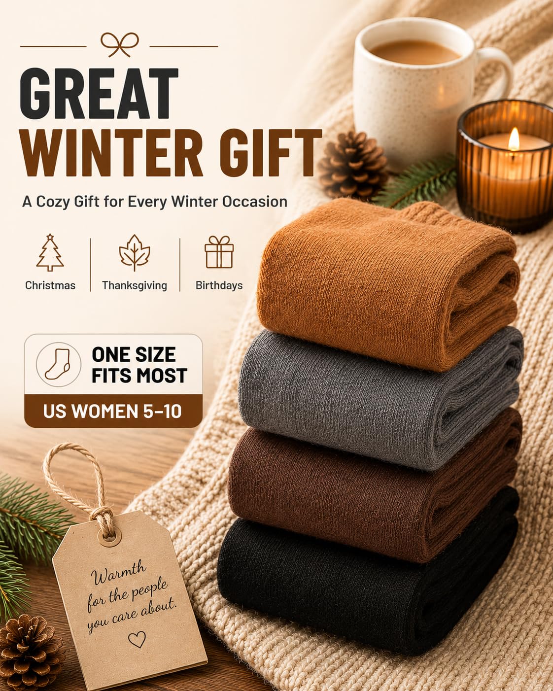 Aoliks Chaussettes hautes chaudes pour femme, chaussettes thermiques en coton pour la randonnée, le ski, cadeaux d'hiver