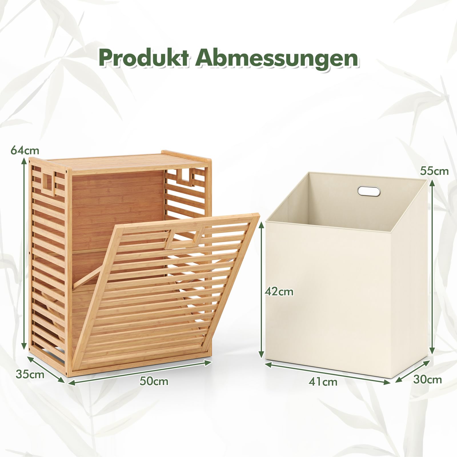 COSTWAY Badregal mit Wäschekorb, 68 L, Regal aus Bambus, Badschrank mit Ablage & Ausklappbarem und klappbarem Korb aus Stoff, Wäschesammler für Badezimmer, Waschküche, Natur, 50 x 35 x 64 cm