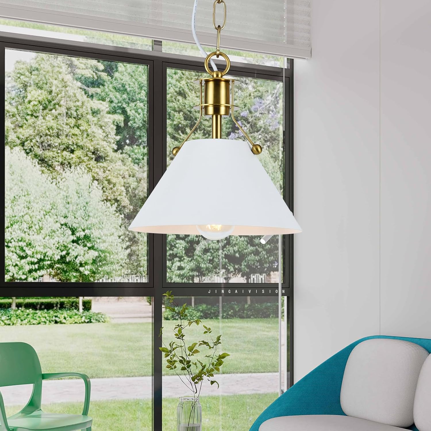 Maxax Gold Chandelier, 10 Inch Pendant Light, Kitchen Island Ceiling Light for Dining Room, Kitchen, Living Room Lamp, Shade (White)
