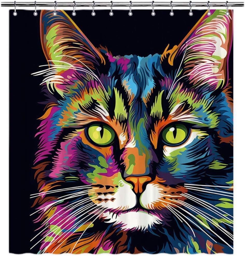 Funny American Bobtail Cat Shower Curtain for Bathroom Decor Lovely Cat Pet Animal Print Bath Curtains Colorful Home Decoration with Hooks 66x72 Inch Style 2