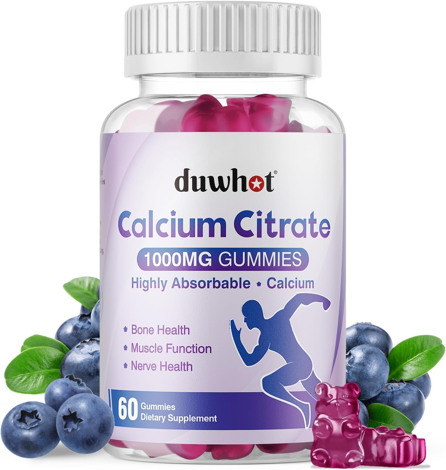 duwhot Calcium Citrate Gummies, Chewable Calcium Citrate 1000mg For Bone, Muscle & Immune Support, High Absorption Calcium Supplements for Women & Men, Kids, Blueberry Flavor, Vegan, Organic, 60 Chews