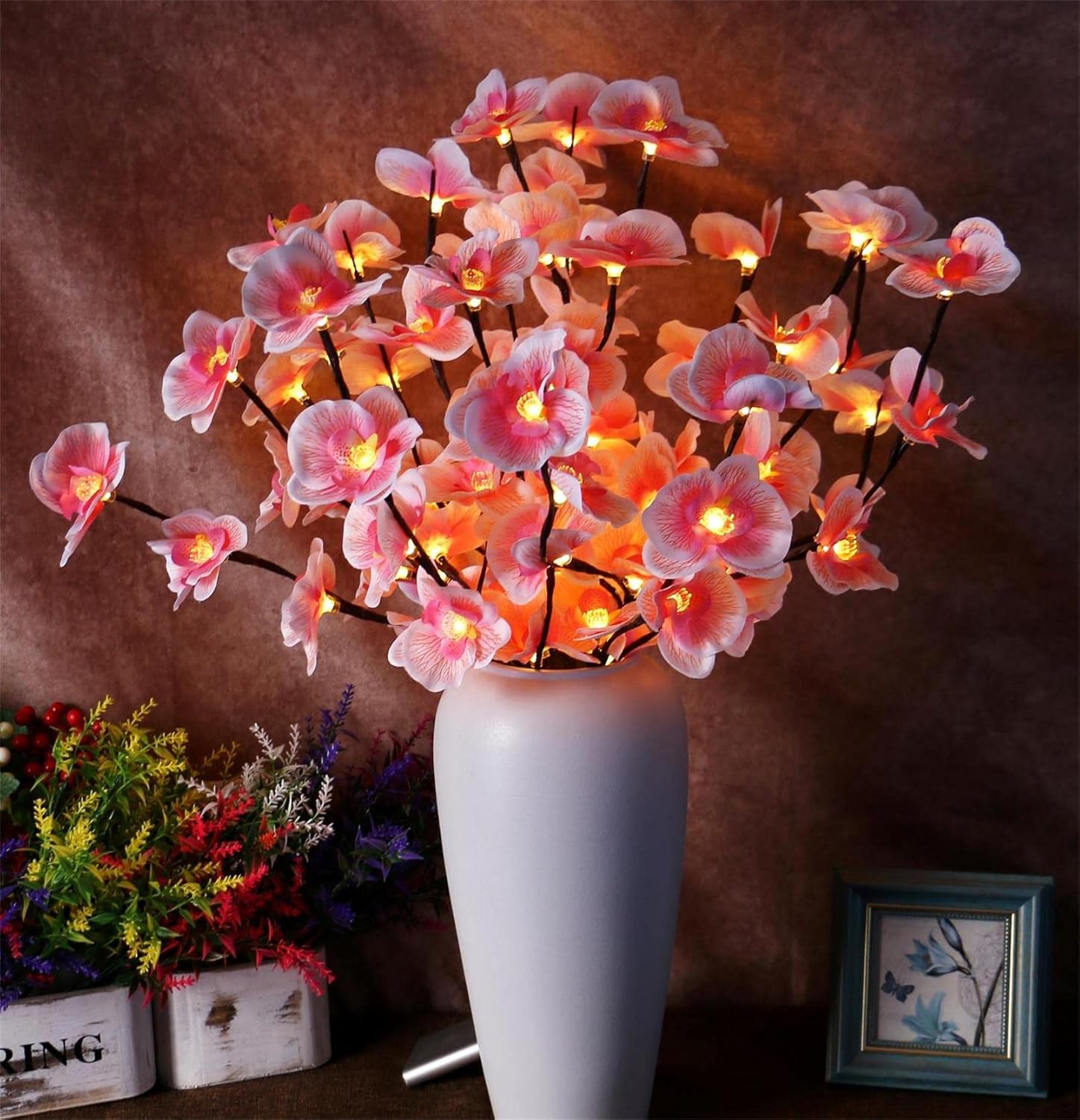 AMARS 3PCS LED Lighted Tree Branches Lights with Timer with Pink Artificial Orchid Flowers Home Decor, Battery Operated, Decorative Fairy Spirit Tree Lamp for Vase Table Centerpieces Party Christmas