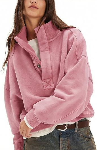 Gnveub Sweatshirt for Women Oversized Henley Neck Long Sleeve Button Pullover Tops Trendy Outfits Clothes