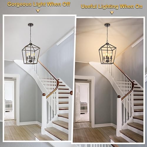 Miniatura 6 de Lámpara de araña de 4 luces, lámpara de techo industrial negra con oro cepillado, lámpara colgante de metal geométrico con cadena ajustable, base