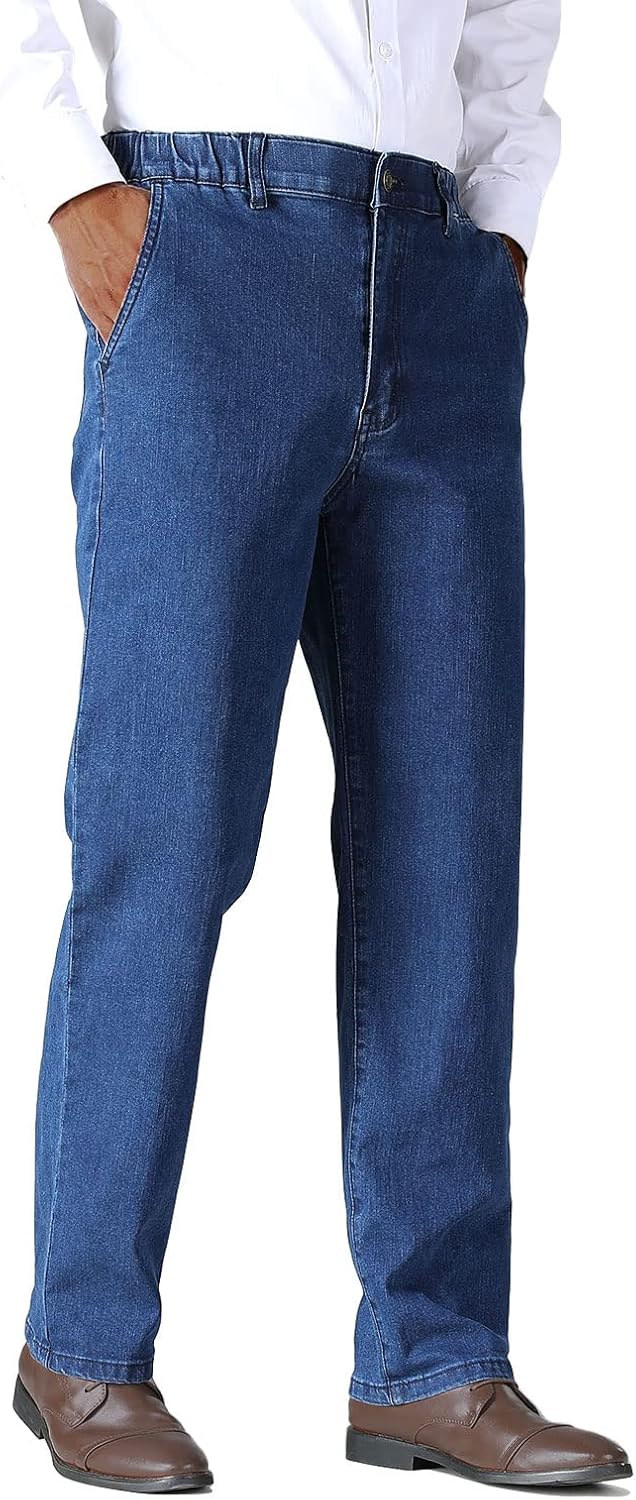 Soojun Mens Elastic Waist Jeans Relaxed Fit with Zipper and Button - Image 5