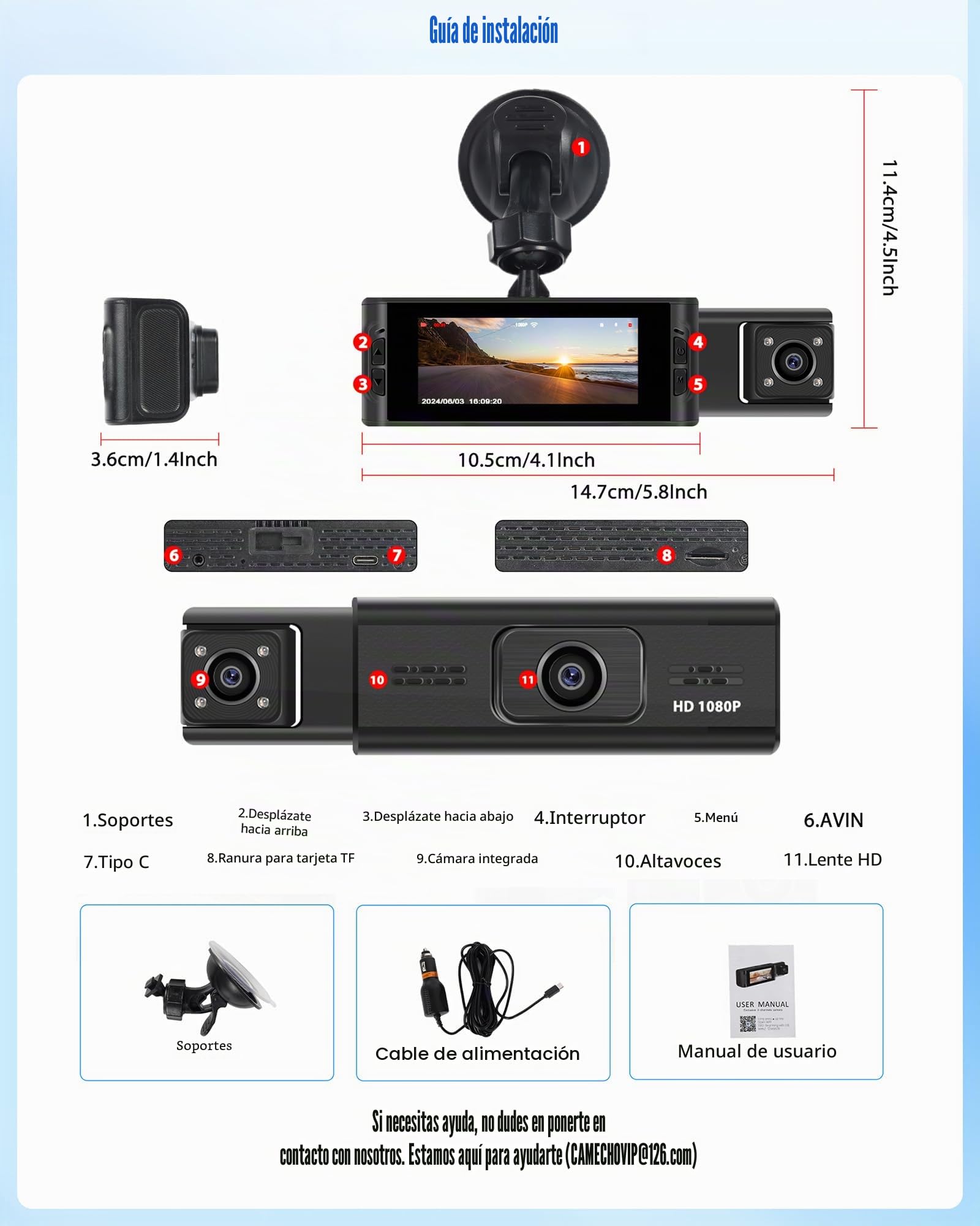CAMECHO 3.16" Dashcam para coche, delantera e interior, cámara de coche Full HD 1080P, lente doble ajustable, cámara de salpicadero para coche, detección de movimiento, gran angular de 150°, grabación