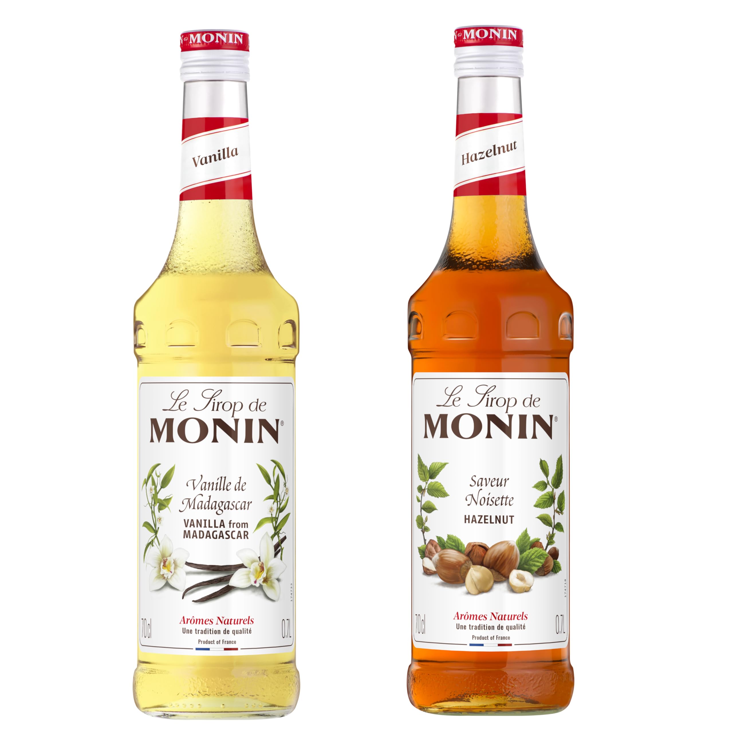 MONIN - Assortiment Sirop de Vanille de Madagascar et Sirop Saveur Noisette - Pour Café, Chocolat Chaud, Capuccino ou Latte - Arômes Naturels - Bouteille en Verre - 2 x 70 cl