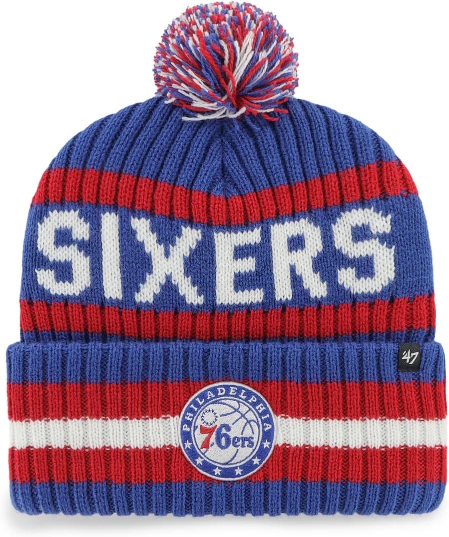 47 NBA Philadelphia 76ers Unisex-Adult Blue Embroidered Primary Logo Bering Cuffed Knit Pom Beanie Hat One Size